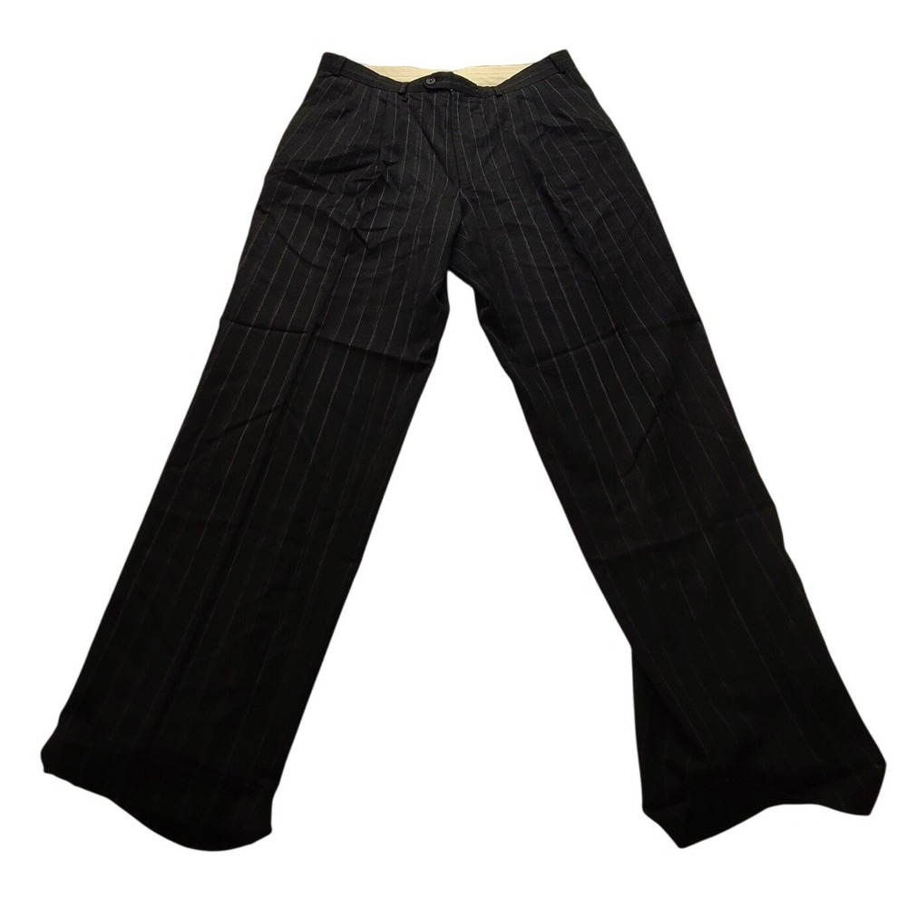 Men's Pinstripe Dress Pants Black Gray Cuffed Flat Front Trousers 38x30 Casual